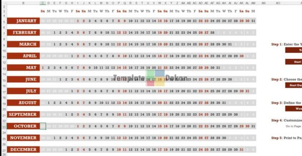 Horizontal Yearly Calendar